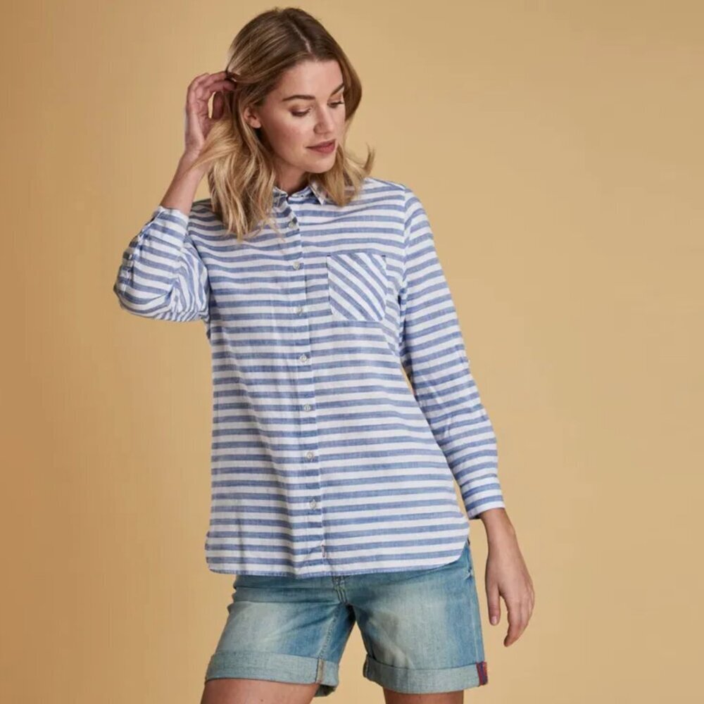 Barbour Craster Striped Button Down Shirt Blue White Cotton Relaxed Women's ? - Picture 2 of 9